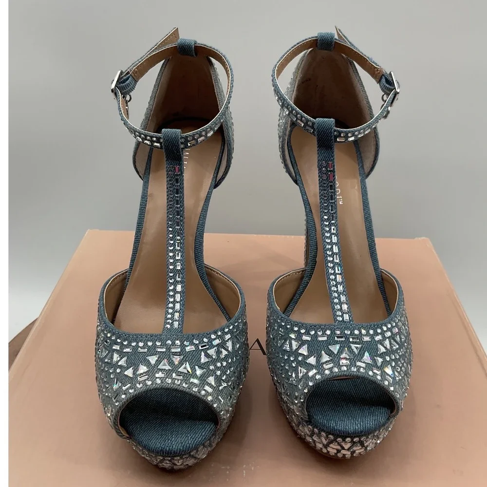 Thalia Sodi Chace Denim Rhinestone Platform Heels Blue T-Strap Peep Toe 6.5W